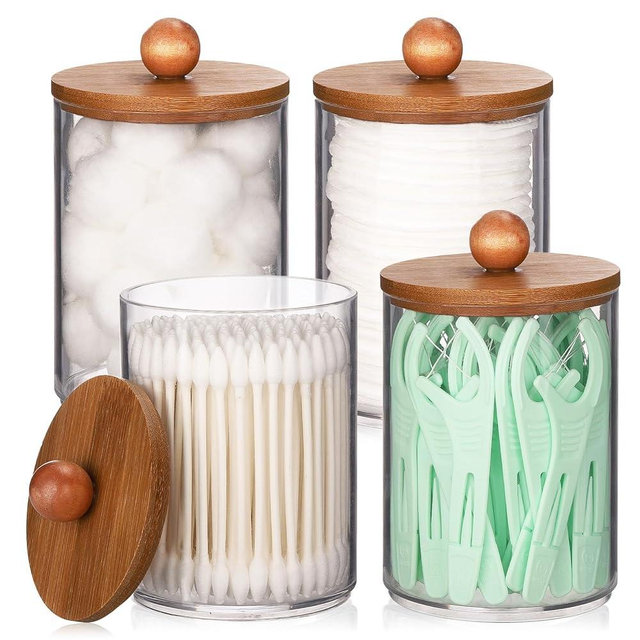 Tbestmax 4 Pack Qtip Holder Dispenser, Plastic Bathroom Organizer and Storage Containers, 10oz Apothecary Jars with Brown Bamboo Lid for Cotton Ball, Cotton Swab, Floss