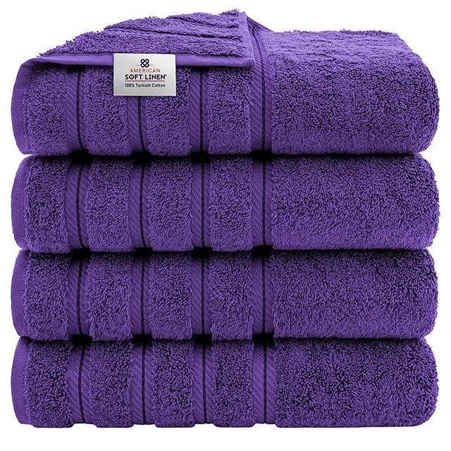 American Soft Linen, 4 Piece Bath Towel Set, 100% Turkish Cotton 27 in 54 in Bath Towels for Bathroom, Soft Absorbent Bath Towels Extra Large, Hotel Quality Quick Dry Shower Towels , Violet Purple