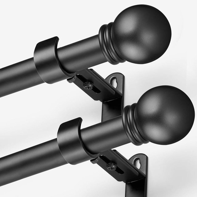 AMZSEVEN Curtain Rods for Windows 16 to 92 Inches, Curtain Rod Max Adjustable Length of 104 IN, 1" Diameter Drapery Rods Round Finials, Black, Pack of 2