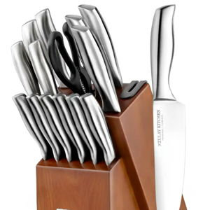 Zulay Kitchen - 15 Piece Stainless Steel Knife Set with Block and Sharpener - Brown
