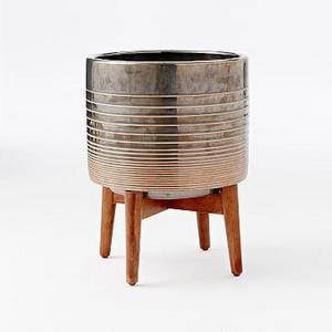 Turned Wood Leg Standing Planter, Wide, Black/Gold