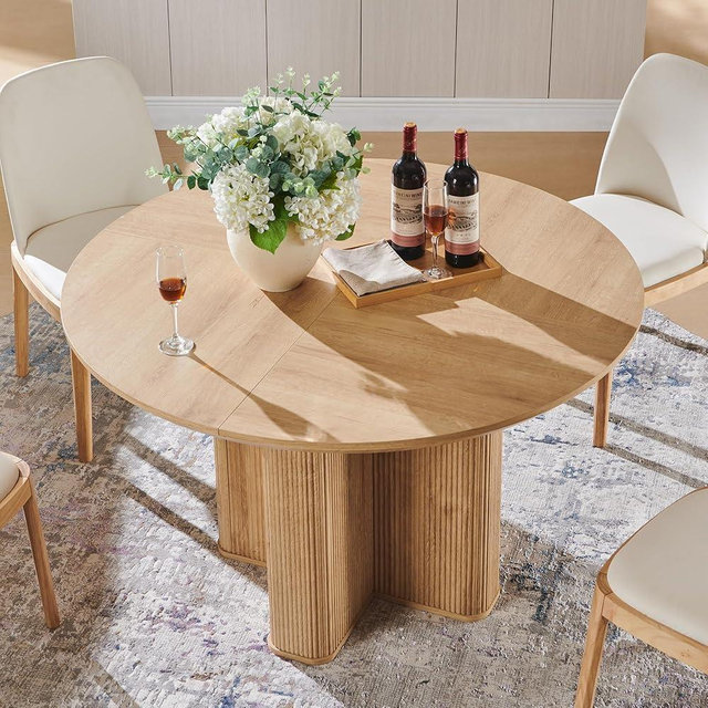 T4TREAM 47" Fluted Round Dining Table for 4-6, Mid-Century Modern Kitchen Table with Thickened Edge & Sturdy Pedestal Base for Kitchen Living Room,Natural Oak(Table Only)