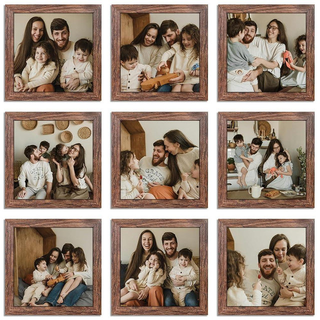 YESKAY 8x8 Picture Frame Set of 9, Photo Gallery Wall Frame Set, Display Pictures 4x4 with Mat or 8 x 8 Without Mat, Square Frame Picture Frames Collage Wall Decor, Rustic Brown