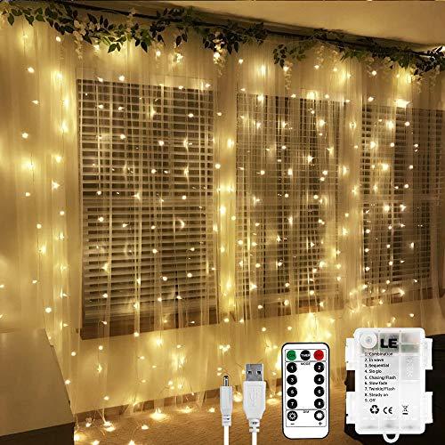 LE Fairy Curtain Lights Battery or USB Plug in, 9.8 x 9.8 ft Curtain of String Lights with Remote, 300 LED Indoor Outdoor Decorative Christmas Twinkle Lights for Bedroom, Patio, Party Wedding Backdrop