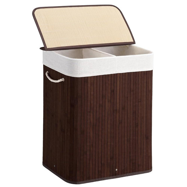 Aliphon 100L Laundry Hamper with lid, 2-Section Clothes Laundry Basket with Handles, Large Collapsible Bamboo Baskets for Bedroom, Bathroom, Dorm, Brown