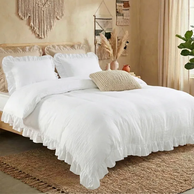 Ruffle Duvet Cover Set, Soft Washed Microfiber Vintage French Country Duvet Cover Set with Button Closure