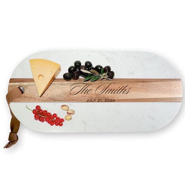 Marble And Wood Cutting Boards For Kitchen - Engagement Gifts For Couples, Personalized Wood And Marble Charcuterie Board, Personalized Round Cutting Board - Marble Cheese Board