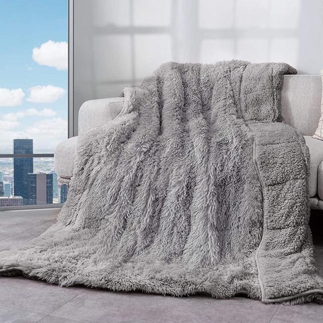 Cottonblue Faux Fur Reversible Sherpa Weighted Blanket 15lbs,Luxury Snugly Long Fur Warm Heavy Blanket 60x80 inches,Super Soft Fuzzy Fleece Blanket for Cold Days,Gray