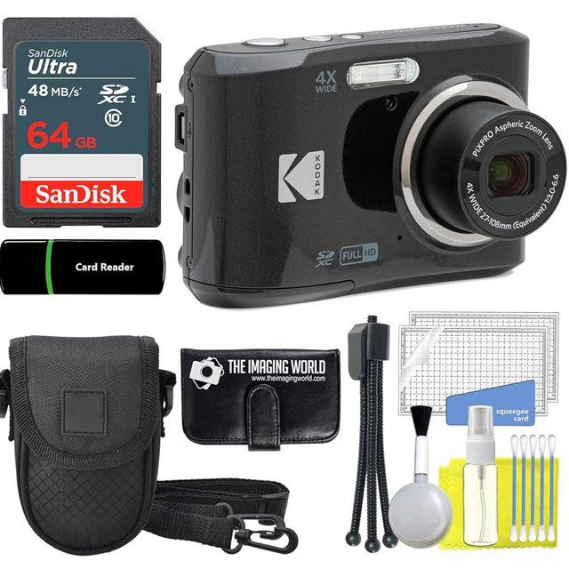 Kodak PIXPRO FZ45 16MP Digital Camera 4X Optical Zoom 27mm Wide Angle 1080P Full HD Video 2.7" LCD Camera (Black) + 64GB Card and Reader + Case + Memory Wallet + Tripod + Cleaning Bundle