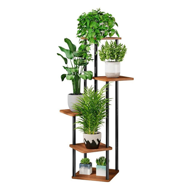 AZERPIAN Plant Stand 5 Tier Indoor Metal Flower Shelf for Multiple Plants Corner Tall Flower Holders for Patio Garden Living Room Balcony Bedroom, Walnut (5 Tier-Walnut)