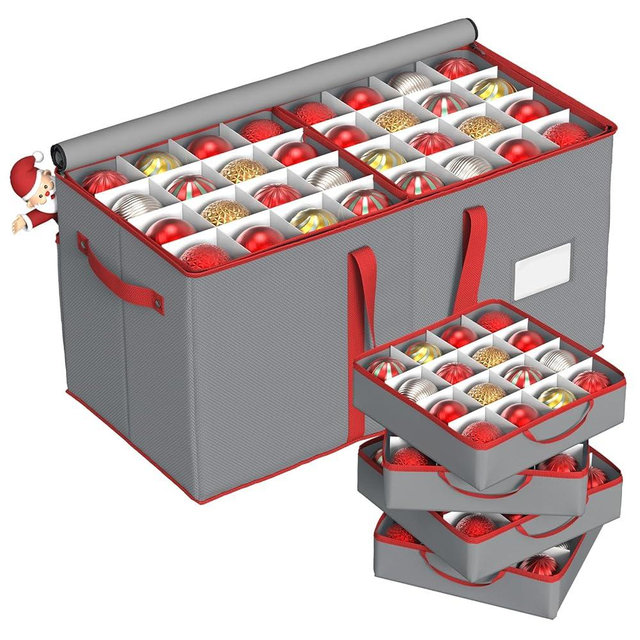 Winpull Christmas Ornament Storage Box with 8 Trays, Christmas Storage Container for 128-3'' Holiday Ornament Decorations, Large Xmas Organizer with Adjustable Dividers, Dual Zipper and Pocket (Grey)