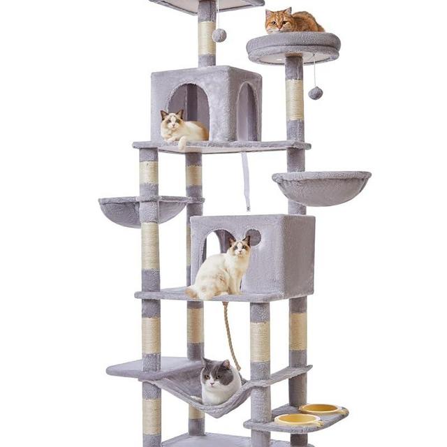 Taoqimiao 76-Inch Cat Tree Cat Tower for Indoor Cats, Plush Multi-Level Cat Condo with 12 Scratching Posts, 2 Perches, 2 Caves, Hammock, 2 Pompoms MS016W Light Gray