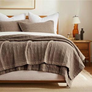 EVERGRACEHOME Stonewashed Cotton Quilt Set King Size, Ultra Soft Oversized Bedspread Coverlet Set, Lightweight Crinkle Box Stitch Bedding Sets for All Season, with 2 Shams, Mocha Brown