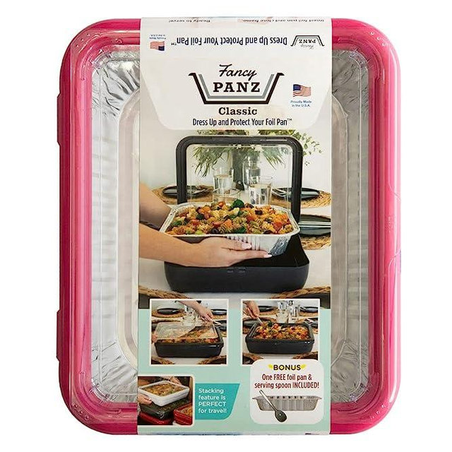 Fancy Panz Classic, Dress Up & Protect Your Foil Pan, Made in USA, Fits Half Size Foil Pans. Foil Pan & Serving Spoon Included. Hot or Cold Food. Stackable for easy travel. BPA free (Hot Pink)