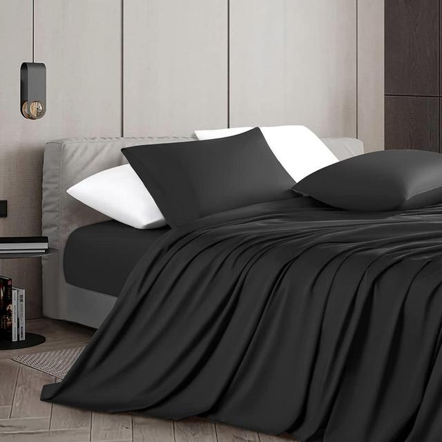 Shilucheng 100% Cotton Queen Size Sheets Set - 1000 Thread Count，Luxury Egyptian Cotton Bed Sheets，Breathable & Smooth Hotel Sheets, 16 Inch Deep Pocket - 4 Piece (Queen, Black)