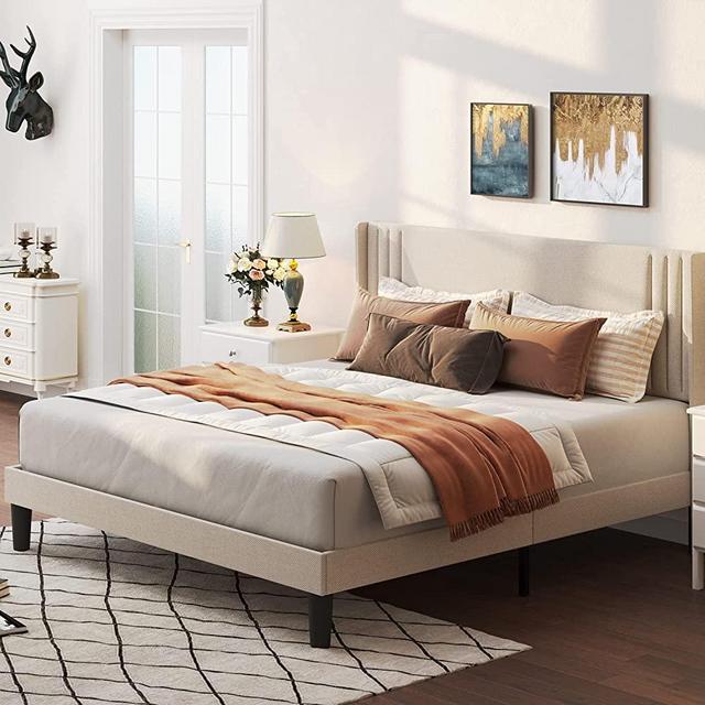 Gizoon Queen Bed Frame with Wingback Headboard, Upholstered Platform Bed with Modern Geometric Headboard, Wooden Slats, Noise-Free, No Box Spring Needed (Beige, Queen (U.S. Standard))