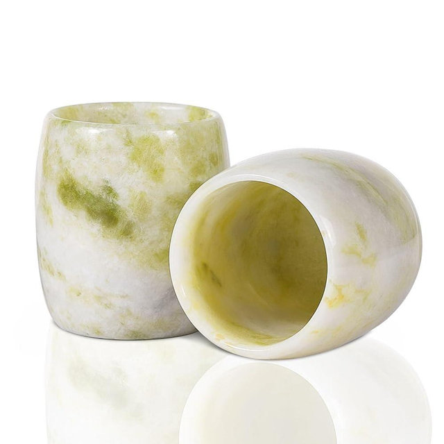 Handcrafted Natural Jade Cool Shot Glasses – Set of 2 | 1.8 oz Espresso, Tequila, Sake & Tea Cups in Unique Drum Shape, Oriental-Inspired Luxury Gift for Whiskey & Spirit Lovers