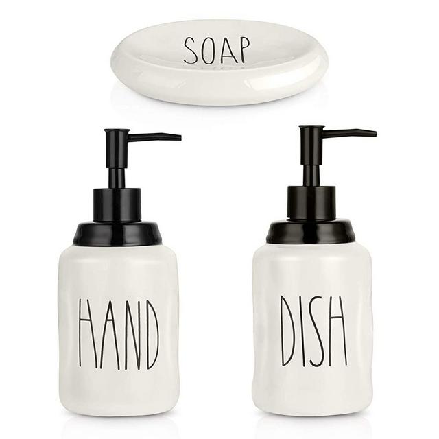 Farmhouse Soap Dispenser Set - Modern Style Ceramic Dish, Hand Liquid Soap Dispenser,Soap Holder–Perfect for Kitchen and Bathroom Counter Décor, Fill with Hand Soap, Dish Soap, Essential Oil & Lotion