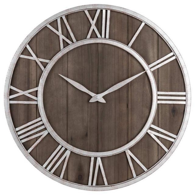 Oldtown Farmhouse Metal & Solid Wood Noiseless Wall Clock (Dark Brown Wood Rustic Silver Metal Iron Frame with Rusted Orange Red Paint Dots, 18-inch)