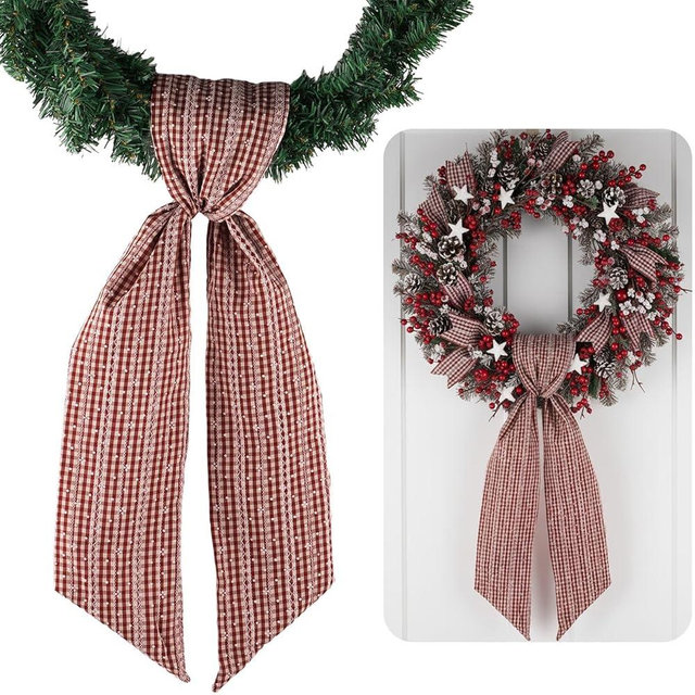 NUVCELKA Red Beige Jacquard Plaid Wreath Sash Front Door Decoration, 5.12" x 54.33" Blank Sash Christmas Fall Holiday Party Bow Ribbon Farmhouse Home Decor Accessories