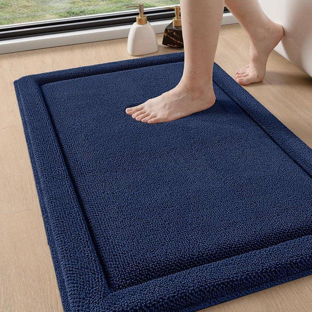 DEXI Memory Foam Bath Mat 32x20, Soft Absorbent Chenille Bathroom Rug, Non Slip Washable Bath Mats for Bathroom, Thick Plush Floor Carpet for Tub Shower, Sink, Navy