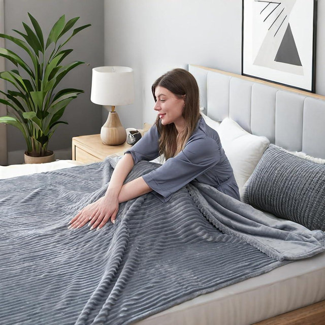 Eydna Electric Heated Blanket Dual Control Queen Size 84"x 90", Warming Striped Flannel with 10 Heating Levels & 1-12 Hours Auto Off, Machine Washable, Light Gray