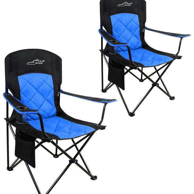 FAIR WIND 2 Pack Oversized Fully Padded Camping Chair Heavy Duty Quad Fold Arm Chair Support 350 LBS with Cup Holder, Collapsible Lumbar Back Chair Portable for Outdoor, Blue