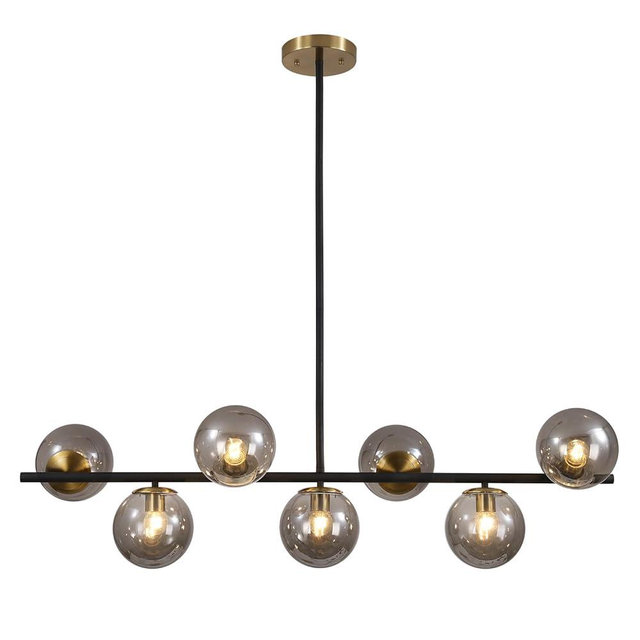 KCO Lighting Mid Century Modern 7-Light Black Chandelier Brushed Brass Gold Farmhouse Kitchen Island Hanging Lighting Fixture Smoke Gray Glass Globe Dining Pendant Light