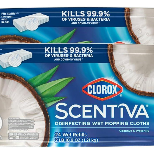 Clorox Scentiva Disinfecting Wet Mop Pad, Disposable Mop Heads, Multi-Surface Floor Cloths, Coconut and Waterlily, 2 Packs, 24 Wet Refills Per Pack (Package May Vary)
