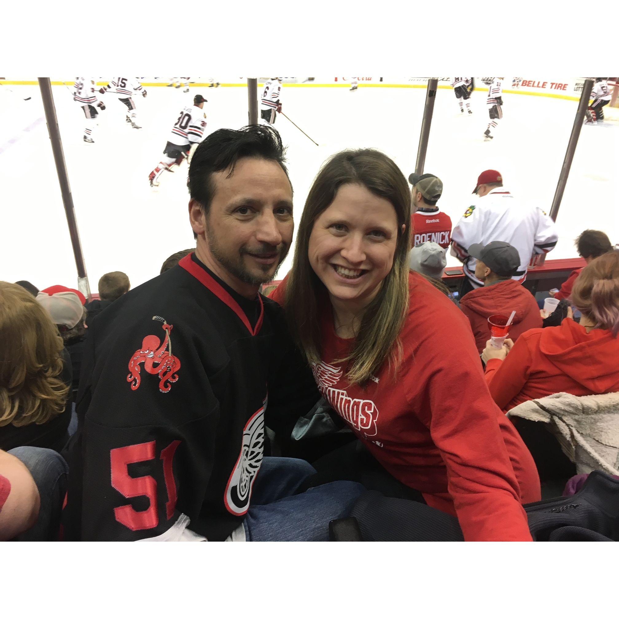 Watching our last Red Wing game at the JLA, row 4 by the glass...I loved watching Rachels reactions to the players hitting and banging up close!