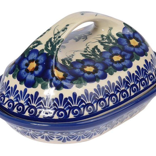 Traditional Polish Pottery, Handcrafted Ceramic Butter Dish with Lid L18cm, Boleslawiec Style Pattern, Pansy collection