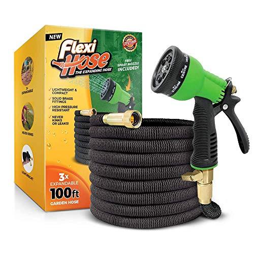 Flexi Hose & 8 Function Nozzle, 100 FT Lightweight Expandable Garden Hose | No-Kink Flexibility - Extra Strength with 3/4 Inch Solid Brass Fittings & Double Latex Core | Rot, Crack, Leak Resistant