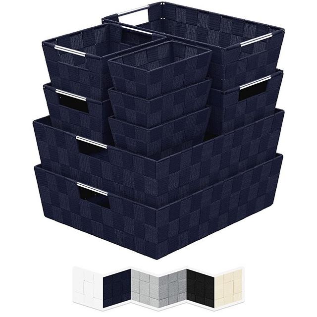 Woven Storage Baskets For Organizing - Set Of 9 Fabric Empty Organizer Bins With Handles - Great Bin For Organization, Linen Closet Shelves & Bathroom Basket. Empty Baskets For Gifts - (Navy)