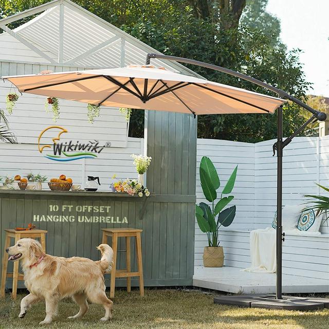 wikiwiki Patio Offset Hanging Umbrella 10 FT Cantilever Outdoor Umbrellas w/Infinite Tilt, Fade Resistant Waterproof Solution-Dyed Canopy Cross Base, for Yard, Garden, Deck Lawn (Beige)
