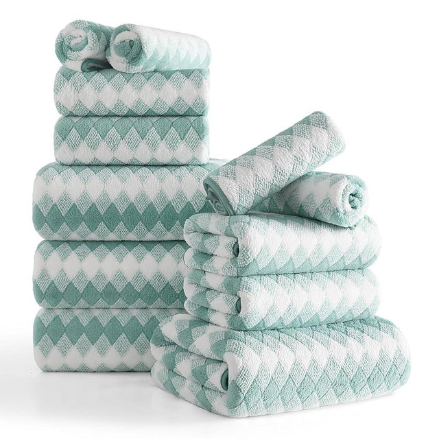 12 Pcs Turquoise Diamond Towel Set-4 Bath Towels,4 Hand Towels,4 Washcloths Soft Polyester Towels with Loop Absorbent Shower Towel Quick Dry Beach Chair Towel Family Towels for Bathroom Spa Gym Pool