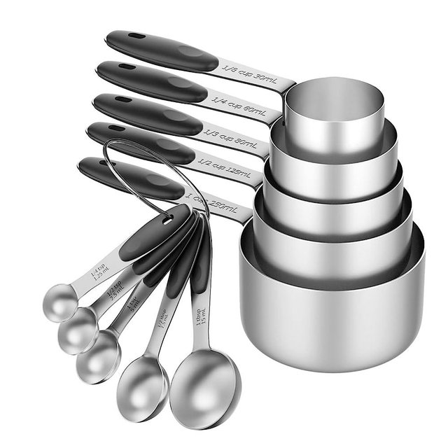 ENLOY Stainless Steel Measuring Cups and Spoons Set of 10 Piece, Soft Silicone Handles and Clearly Scale, Nesting Liquid Measuring Cup Set or Dry Measuring Cups Set (Black)