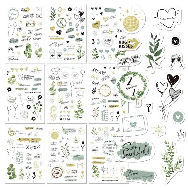 BIROYAL Wedding Stickers for Scrapbooking, 9 Sheets 241 Pcs Romantic Wedding Scrapbook Stickers, Waterproof Bridal Scrapbook Stickers, Wedding Stickers for Scrapbook Engagement Anniversary Planner