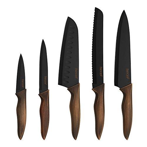 Hecef Kitchen Knife Set,Stainless Steel Super Sharp Blade Chef Knife Set with FDA Grade Black Color Coating,Includes Chef,Bread,Santoku,Utility and Paring Knife with Matching Blade Guards