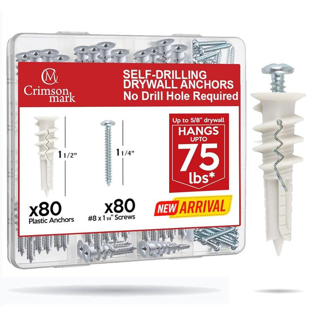 CrimsonMark 160Pcs Self Drilling Drywall Anchors and Screws kit #8 x 1-1/4”- Superb Wall Anchors for Drywall, Holds Upto 75lbs – No Drill Hole Required with These Dry Wall Screws and Anchors
