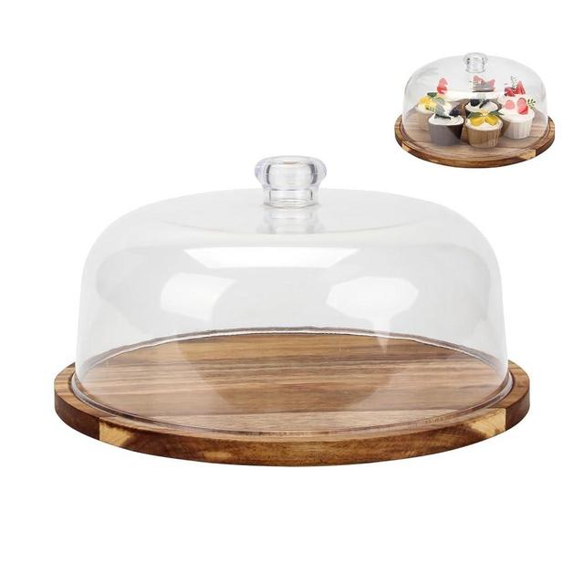 KVMORZE 10.4"Clear Dessert Dome with Base, 11.8"Decorative Wooden Cake Tray with Acrylic Dome Cover, Cake Fruit Display Server Tray for Kitchen, Birthday, Weddings, Appetizer Dessert, Cheese Platter