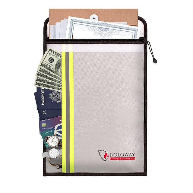 ROLOWAY Fireproof Document Bag (15 x 11 inch) with 2 Pockets & Waterproof Zipper, Fireproof Money Bag, Fire Safe Bag with Reflective Strip, Fireproof Envelope for Cash, Legal Documents Safe (Silver)