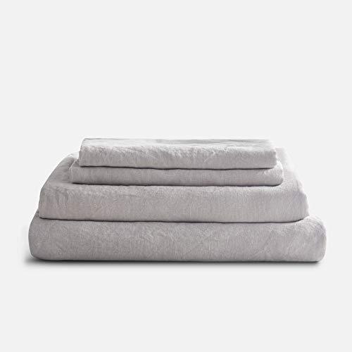 Sijo Premium Stone Washed 100% French Linen Bed Sheet Set 4 Piece, 2 Pillowcases, 1 Fitted and 1 Flat, Small Batch Sourced from Normandy, Breathable and Durable (Fog, King - Complete 4 Piece)