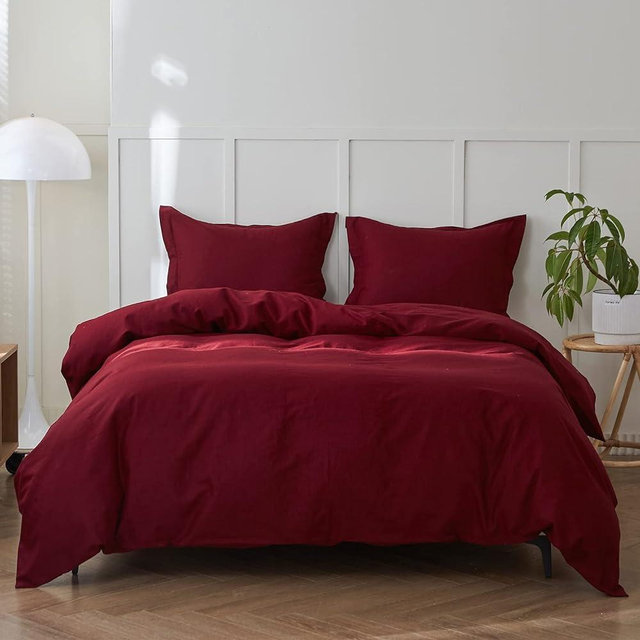 Simple&Opulence French Linen Duvet Cover Set - King Size(104"x 92")- 3 Pieces (1 Comforter Cover,2 Pillowcases)-Natural Flax Cotton Blend-Solid Color Breathable Farmhouse Bedding-Burgundy