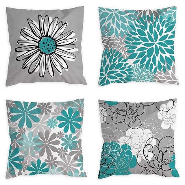 COLORPAPA Teal Pillow Covers 18x18 Set of 4 Turquoise and Grey Decorative Throw Pillow Cover for Couch Modern Daisy Pillows Case for Living Room Cushion Bed Outdoor Home Decor
