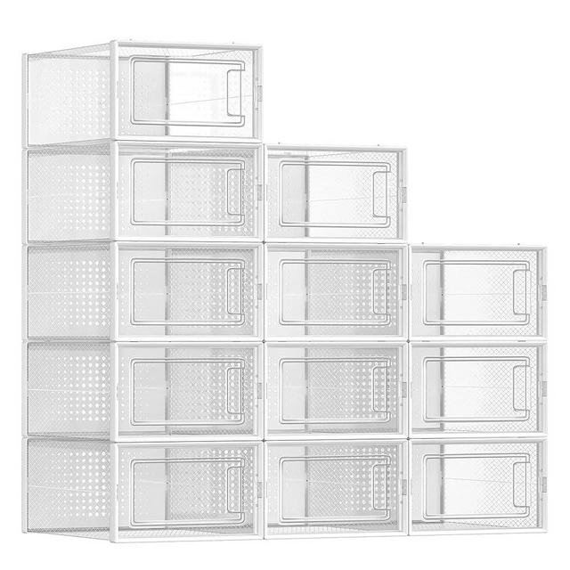 SONGMICS Shoe Boxes, Pack of 12 Shoe Storage Organizers, Stackable Clear Plastic Boxes for Closet, Sneakers, 9.1 x 13.1 x 5.6 Inches, Fit up to US Size 11, Transparent and White ULSP12SWT