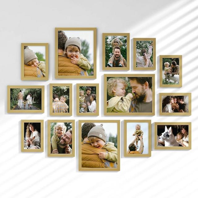 Venusmiles 15 Pack Picture Frames Collage Wall Decor, Gallery Frame Set for Wall Mounting or Tabletop Display, Multi Sizes Including 3pcs 8x10, 6pcs 5x7, 6pcs 4x6, Gold
