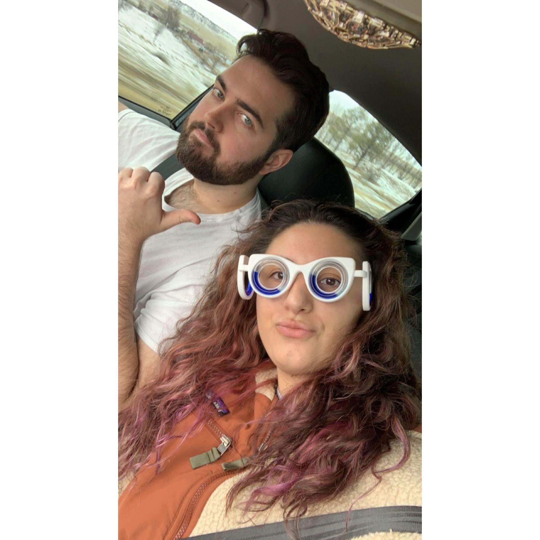 Our first road trip together featuring Kinzie's motion sick glasses