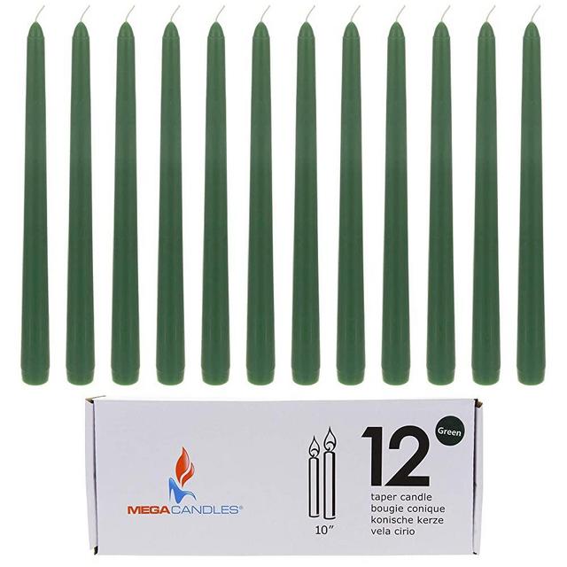 Mega Candles 12 pcs Unscented Green Taper Candle | Hand Poured Wax Candles 10" x 7/8" | for Home Décor, Wedding Receptions, Baby Showers, Birthdays, Celebrations, Party Favors & More