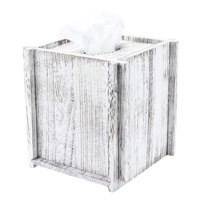 Comtelek Tissue Box Cover Square Tissue Holder Wooden Rustic Torched Bathroom Facial Tissue Dispenser with Slide-Out Bottom Panel White Novelty Splicing Napkin Holder (Square)