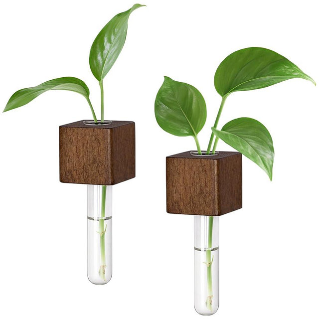Magnetic Test Tube Flower Vases for Refrigerator, Set of 2 Wooden Fridge Magnet Planters with Glass Tubes – Light & Dark Wood Color, Propagation Station for Hydroponic Display (No Plant Included)